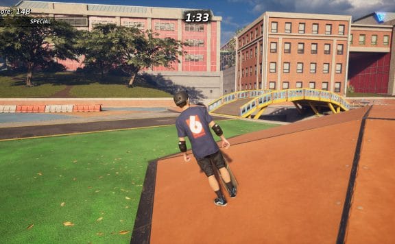 Tony Hawk stands at an unnatural angle when stopped on an incline.