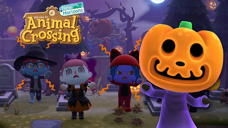 Animal Crossing dressed up in costumes and Jack with a pumpkin head