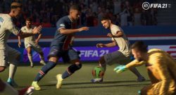 FIFA 21 soccer players going after the ball