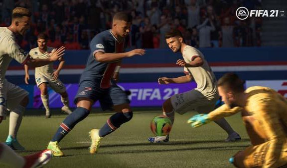 FIFA 21 soccer players going after the ball